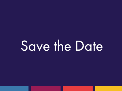 save the date text with colourful stripes at the bottom